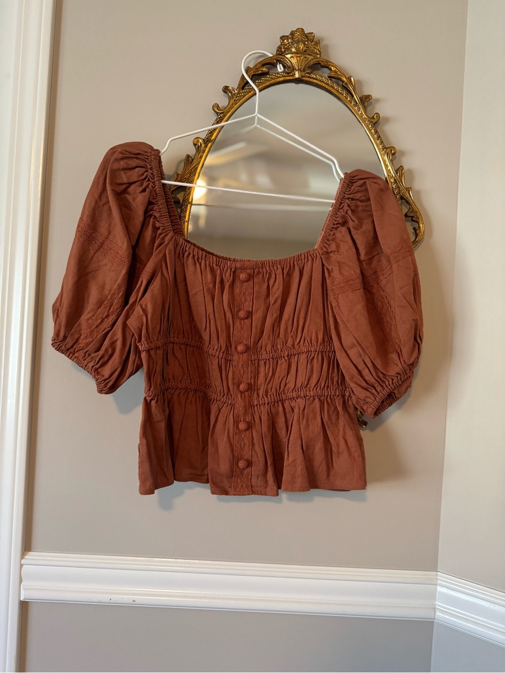 Moon River Rust Brown Smocked Puff Sleeve Peasant Top